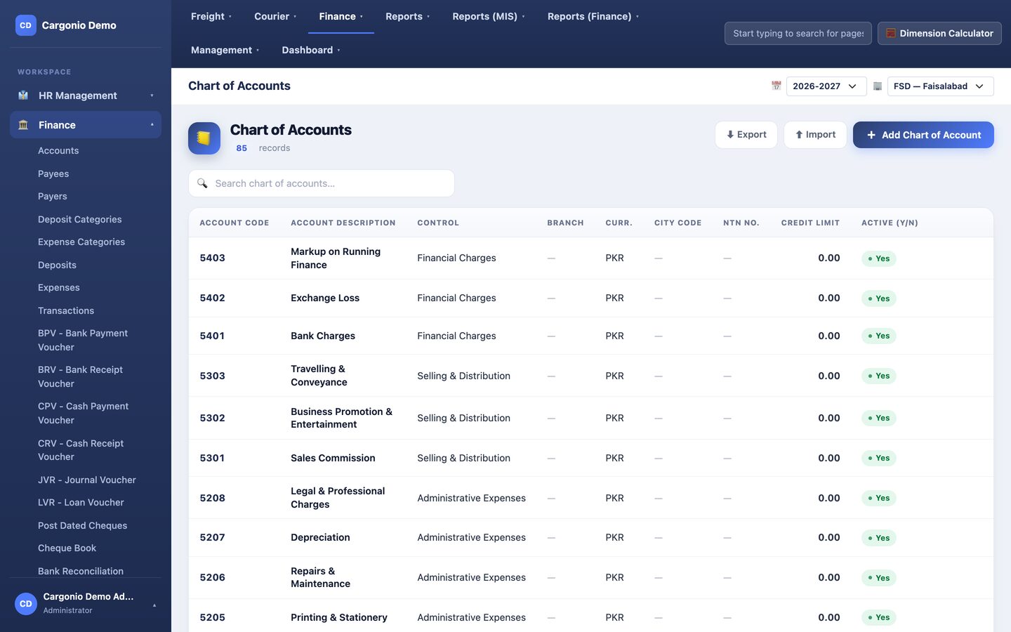 The Chart of Accounts screen listing 85 account heads with their code, description, control group, currency, credit limit and active flag.