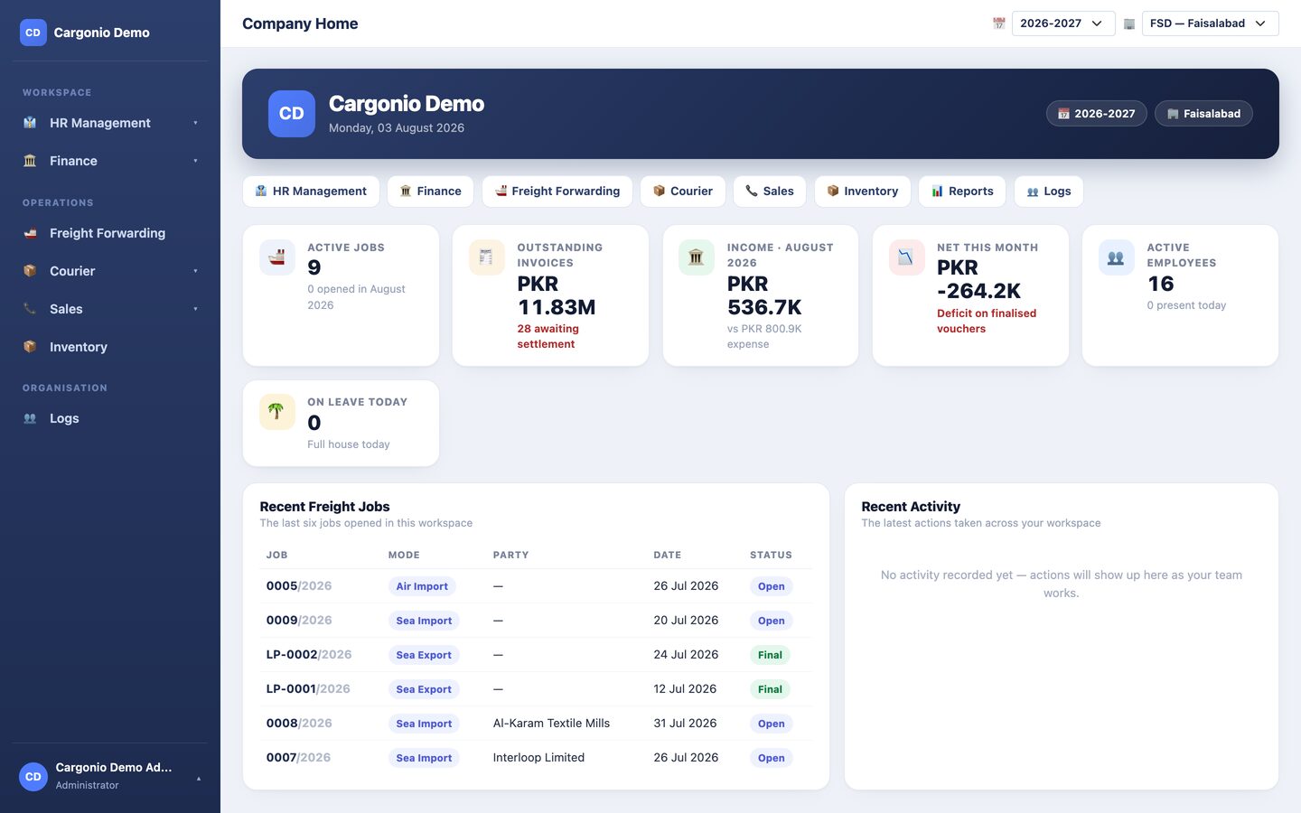 The Company Home dashboard: tiles for active jobs, outstanding invoices, income for the month, net position and active employees, above a list of recent freight jobs.
