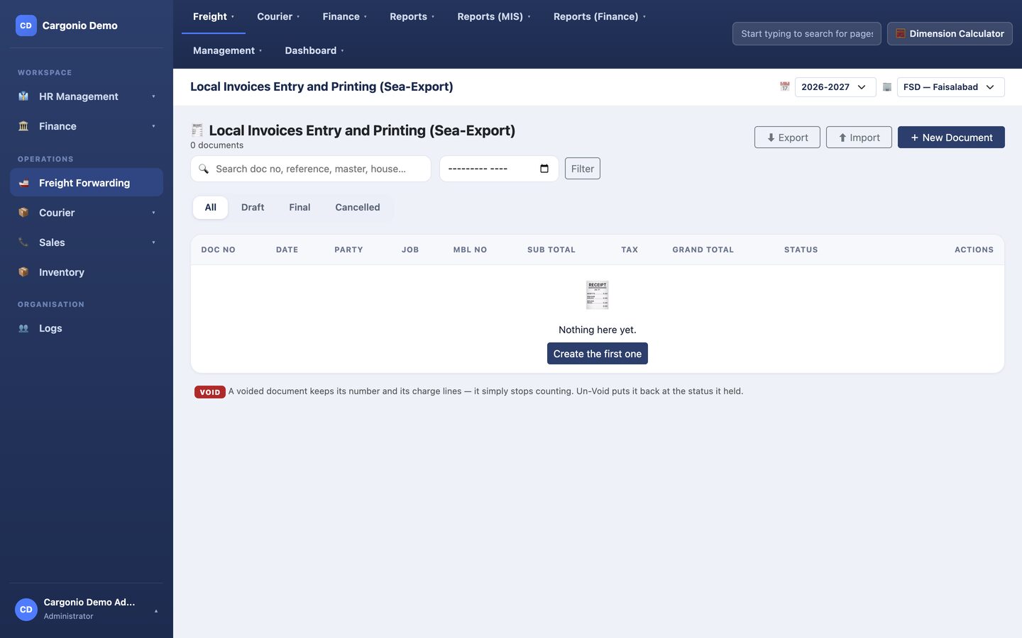 The Local Invoices list for Sea Export, with Draft, Final and Cancelled tabs and columns for doc no, party, job, MBL no, sub total, tax, grand total and status.