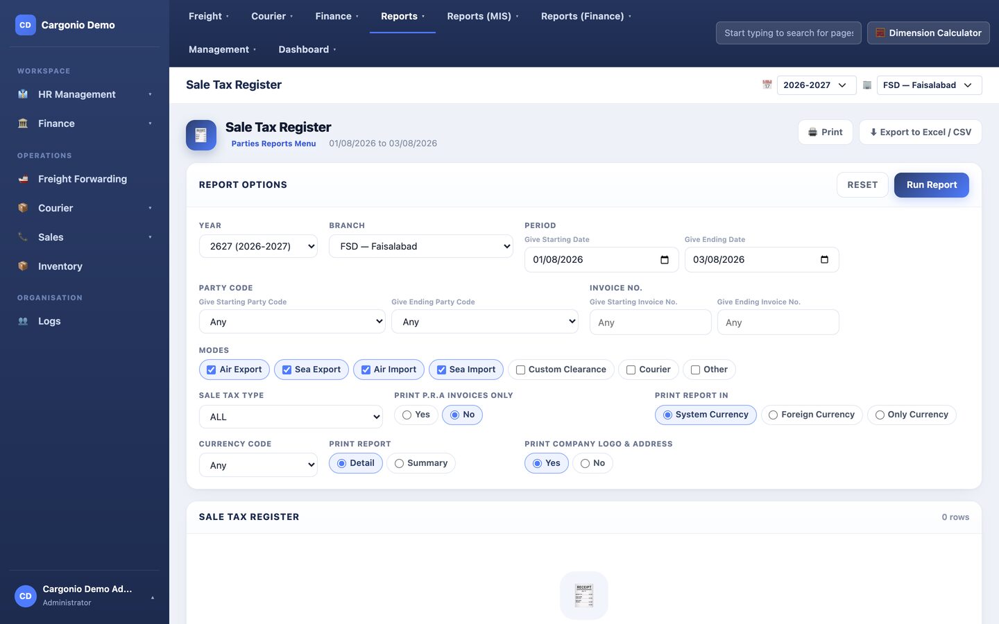 The Sale Tax Register report options: year, branch, date range, party and invoice ranges, shipment modes, sales tax type, detail or summary, and the currency to print in.